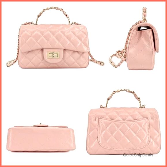 Quilted Leather Crossbody Bag with Gold Chain Strap and Top Handle - Picture 3 of 7